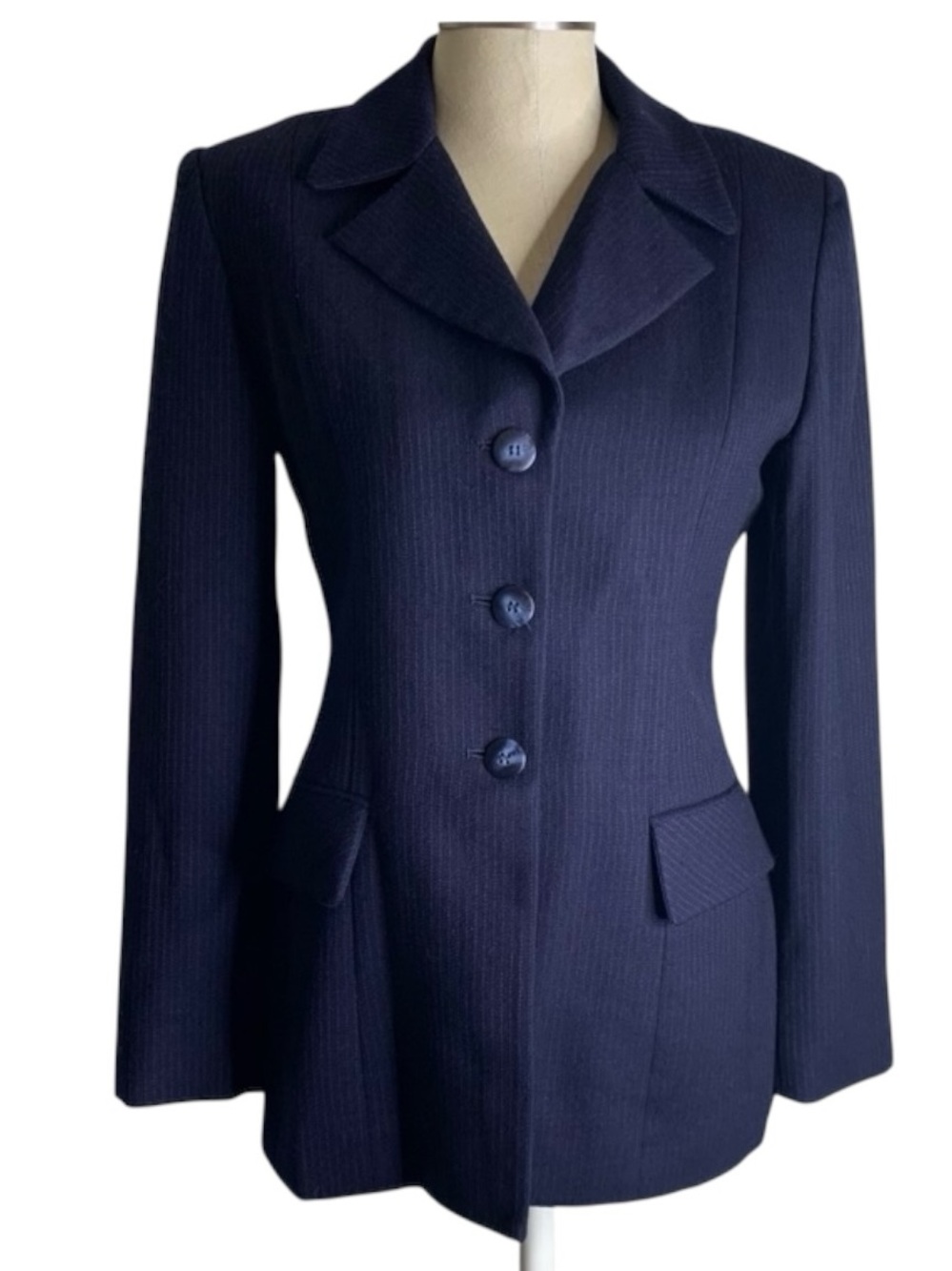 VTG Barami Navy Pinstripe 100% Wool Blazer Jacket Fitted 3-Button Made in USA 6